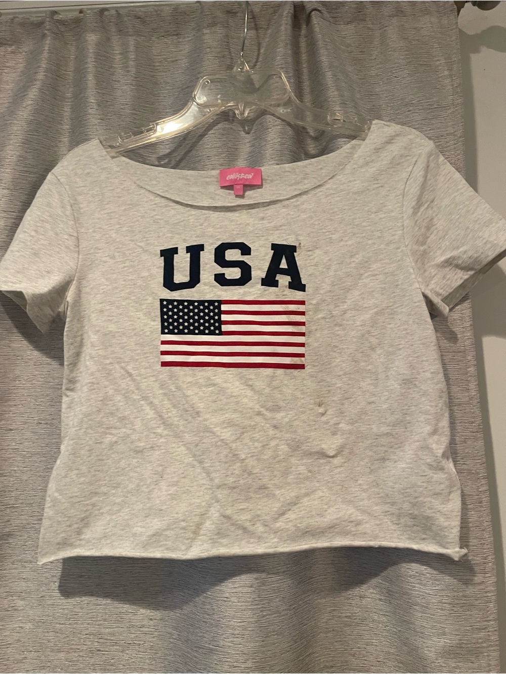 Edikted Girls Light Gray USA Flag Tee with Navy and Red Graphic